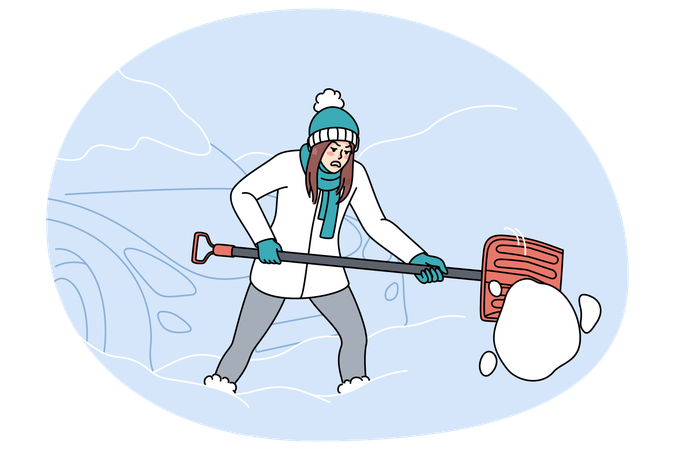 Una mujer infeliz saca un coche de la nieve en invierno  Ilustración