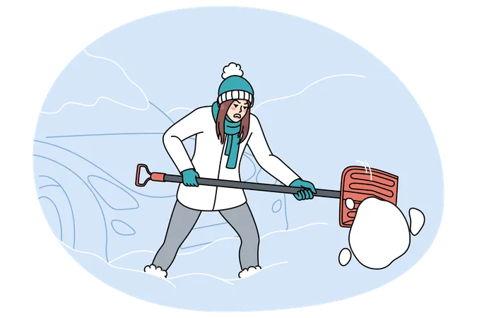 Una mujer infeliz saca un coche de la nieve en invierno  Ilustración