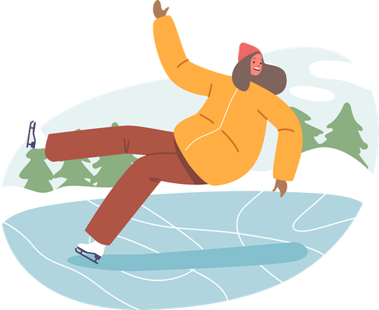 Mujer infeliz se resbala en la pista de hielo  Ilustración