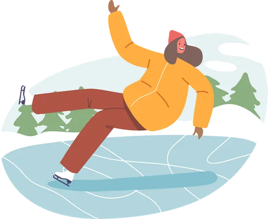 Mujer infeliz se resbala en la pista de hielo  Ilustración