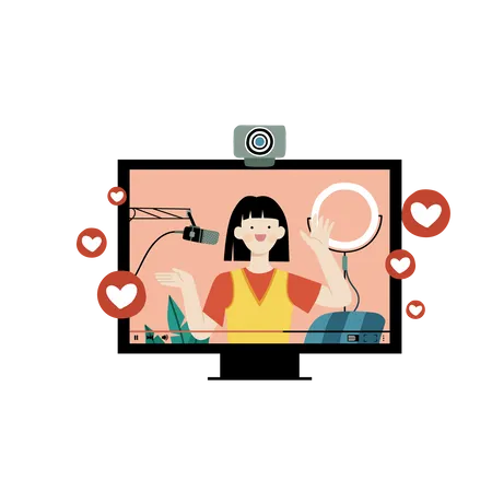 Mujer Influencer Live Streaming en redes sociales  Ilustración