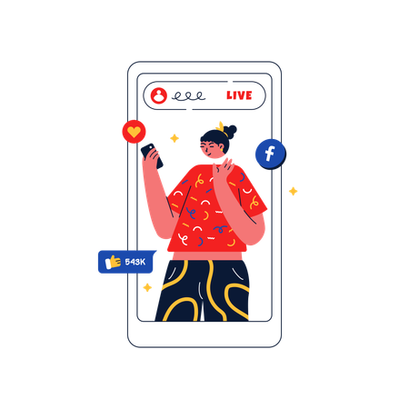 Mujer influyente en las redes sociales transmitiendo video en vivo  Ilustración