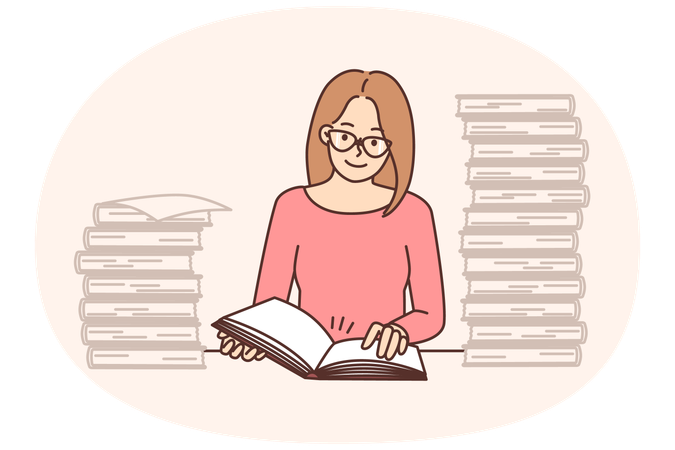 Una mujer inteligente lee un libro de estudio en la biblioteca.  Ilustración