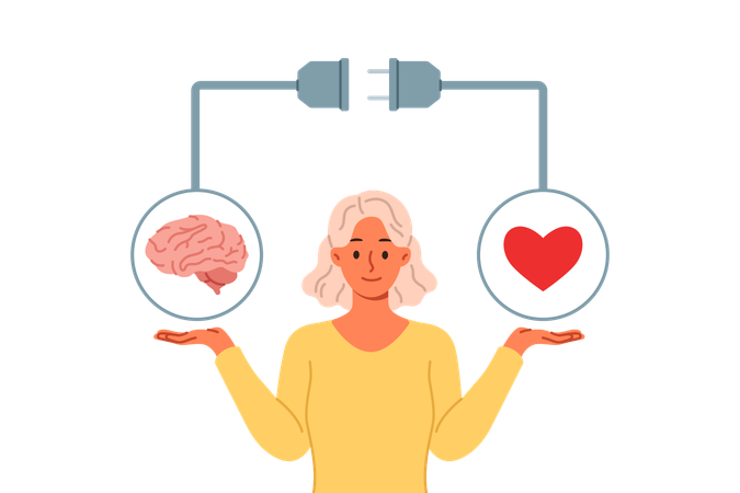 La mujer intenta lograr el equilibrio entre los sentimientos y el intelecto sosteniendo el corazón y el cerebro en las manos.  Ilustración