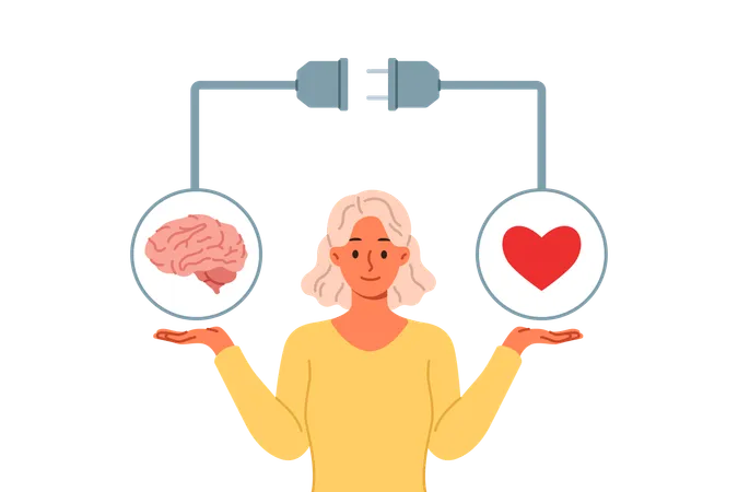 La mujer intenta lograr el equilibrio entre los sentimientos y el intelecto sosteniendo el corazón y el cerebro en las manos.  Ilustración