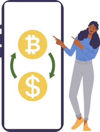 Mujer intercambiando bitcoins por dólares  Ilustración