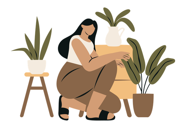 Mujer introvertida y plantas  Ilustración