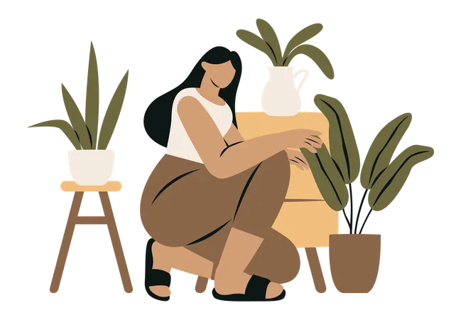 Mujer introvertida y plantas  Ilustración