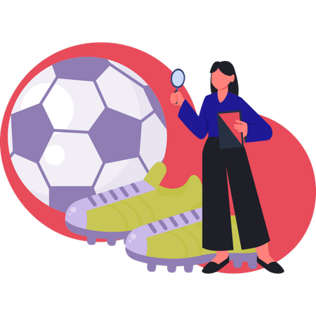 Mujer investigando sobre un balón de fútbol  Ilustración