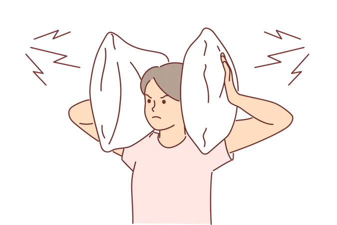Mujer irritada cubre los oídos con almohada  Ilustración