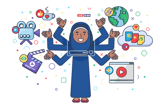 Mujer islámica transmitiendo en las redes sociales  Ilustración