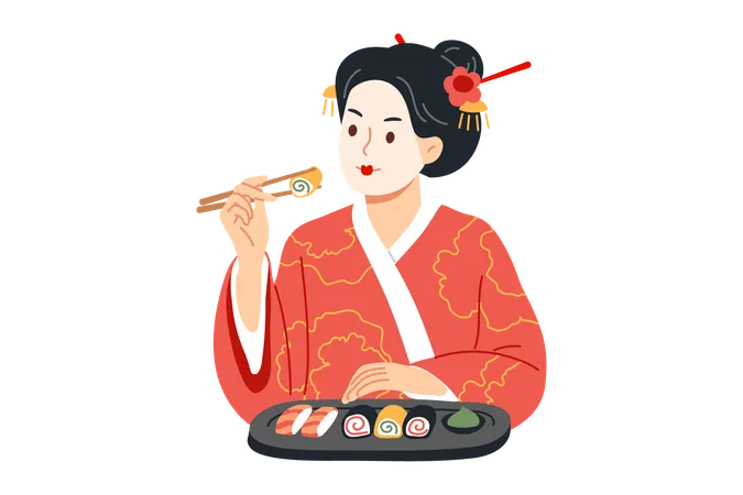 Mujer japonesa come sushi con palillos y disfruta del sabor de los rollos maki hechos con arroz y pescado.  Ilustración