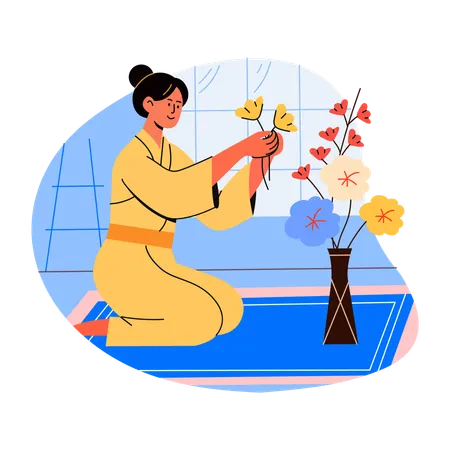 Mujer japonesa haciendo arreglos florales  Ilustración