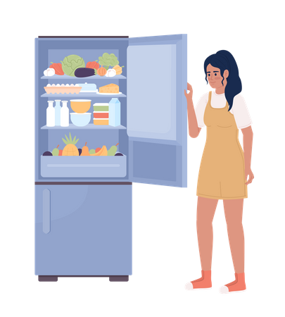 Mujer joven abriendo la puerta del refrigerador  Ilustración