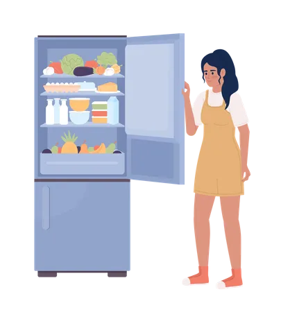 Mujer joven abriendo la puerta del refrigerador  Ilustración