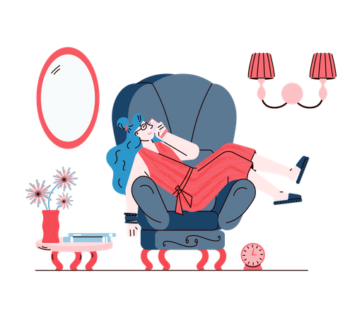 Mujer joven tumbada en una silla hablando por teléfono y sonriendo  Ilustración
