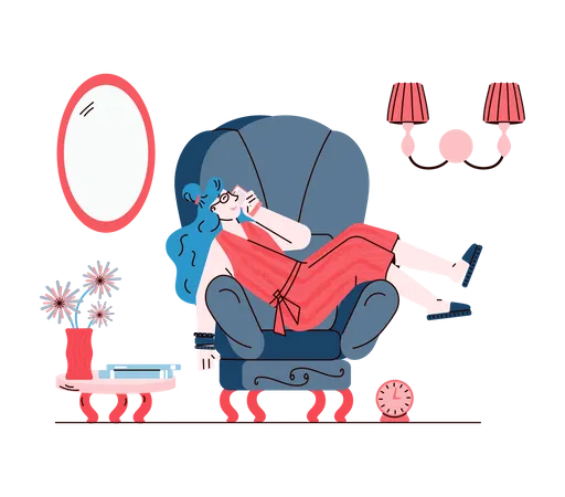 Mujer joven tumbada en una silla hablando por teléfono y sonriendo  Ilustración