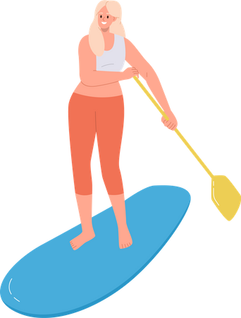 Mujer activa joven de pie en el supboard remando  Ilustración