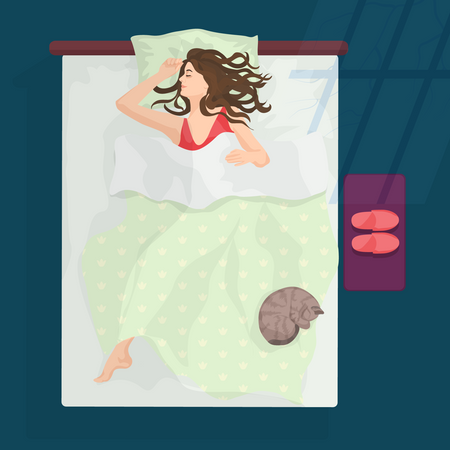 Mujer joven abrazando una almohada rayada mientras duerme  Ilustración