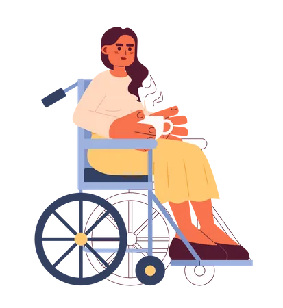 Mujer adulta joven en silla de ruedas sosteniendo una taza de café  Ilustración