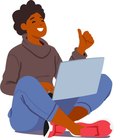 Mujer joven alegre sentada con una computadora portátil mostrando el pulgar hacia arriba  Ilustración
