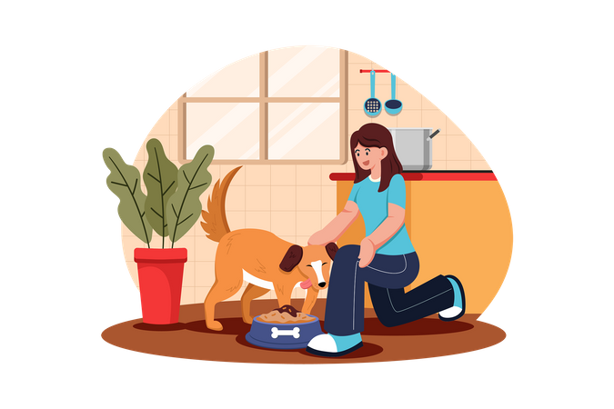 Mujer joven alimentando a su perro  Ilustración