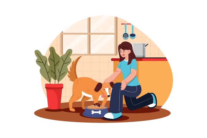 Mujer joven alimentando a su perro  Ilustración