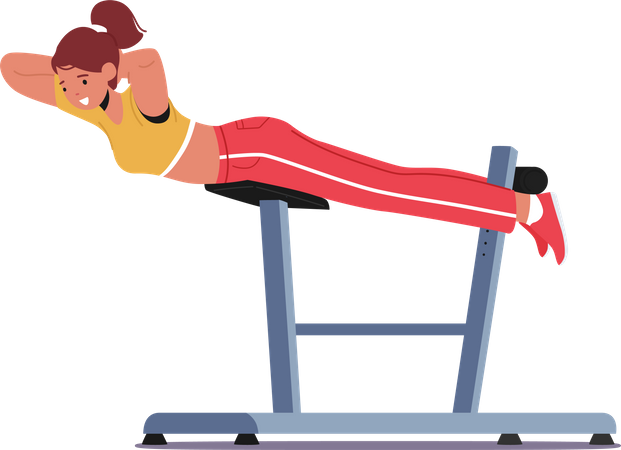 Mujer joven balanceando la prensa en el banco declinado en el gimnasio  Illustration