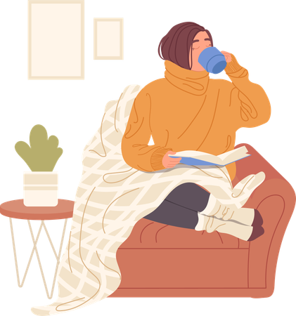 Mujer joven bebiendo té caliente y leyendo un libro en casa  Ilustración