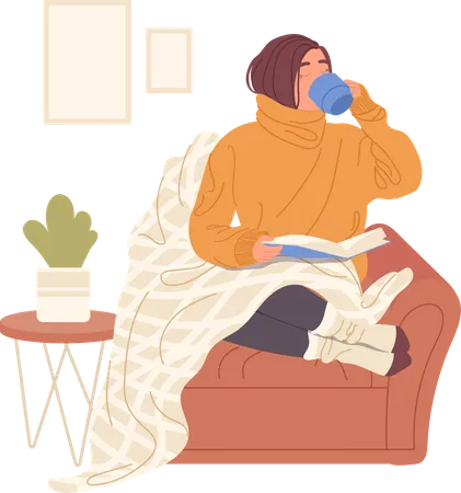 Mujer joven bebiendo té caliente y leyendo un libro en casa  Ilustración