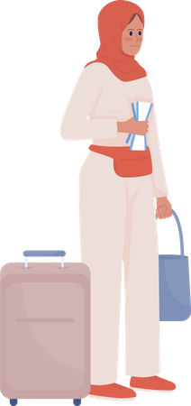 Mujer bastante joven con equipaje y billete de avión  Ilustración