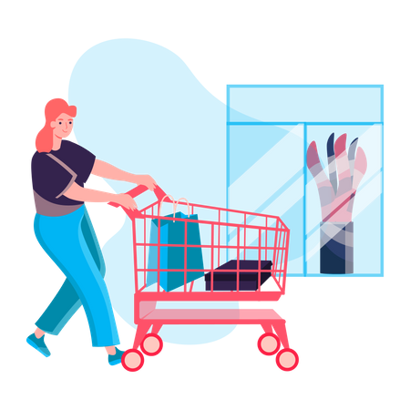 Mujer joven caminando con carrito de compras en el centro comercial  Ilustración