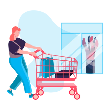 Mujer joven caminando con carrito de compras en el centro comercial  Ilustración
