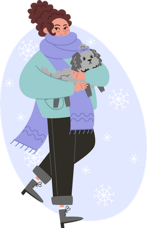 Mujer joven caminando con perro rizado invierno  Ilustración