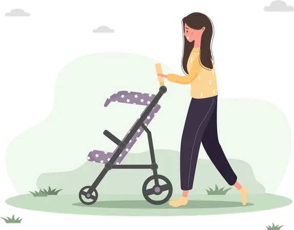 Mujer joven caminando con su hijo recién nacido en el cochecito  Ilustración