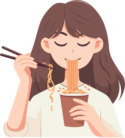 Una mujer joven come fideos instantáneos  Ilustración