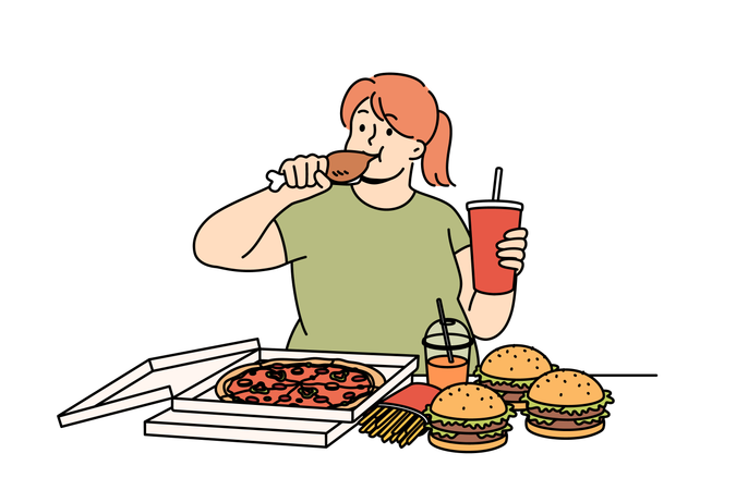 Mujer joven comiendo comida rápida  Ilustración