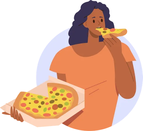 Mujer joven comiendo deliciosa pizza  Ilustración