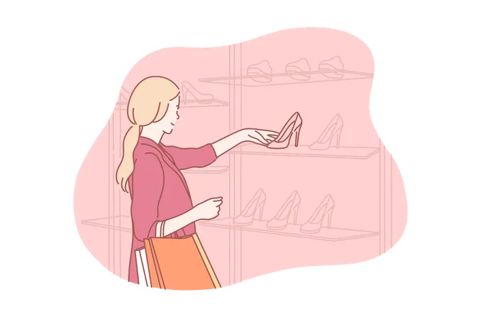 Mujer joven comprando zapatos en boutique  Ilustración