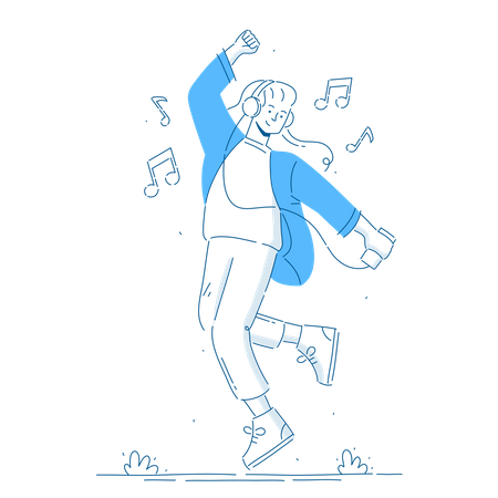 Mujer joven con auriculares escuchando música y moviéndose bailando  Ilustración