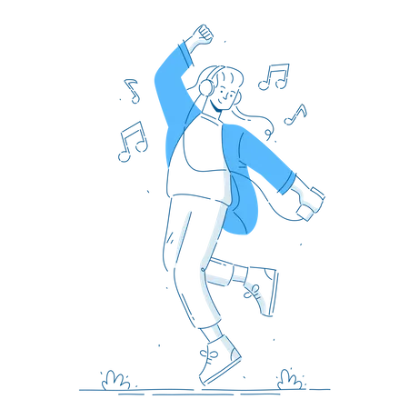 Mujer joven con auriculares escuchando música y moviéndose bailando  Ilustración
