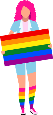 Mujer joven con cartel de arco iris  Ilustración
