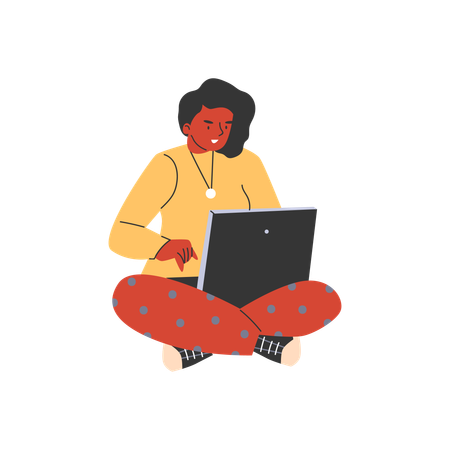 Mujer joven con una computadora portátil en su regazo  Ilustración