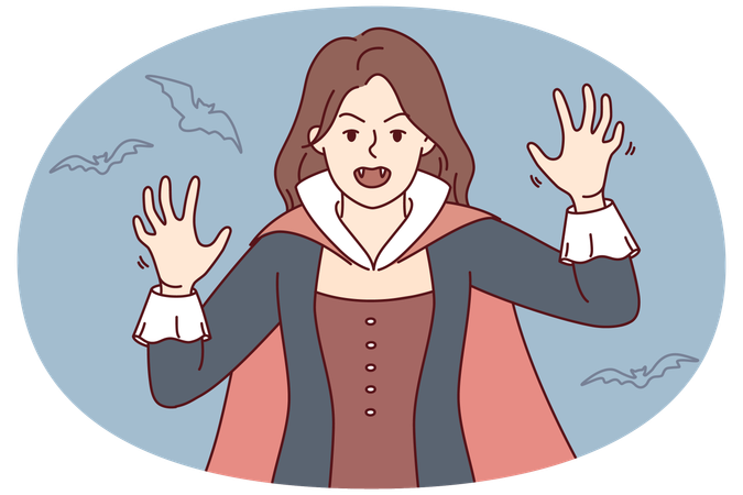 Mujer joven con disfraz de Drácula para Halloween  Ilustración
