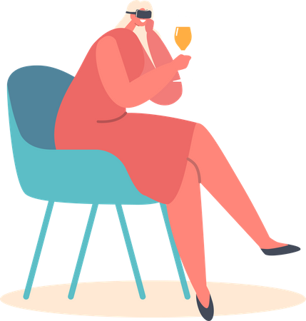 Mujer joven con gafas Vr bebe alcohol sentada en una silla  Ilustración