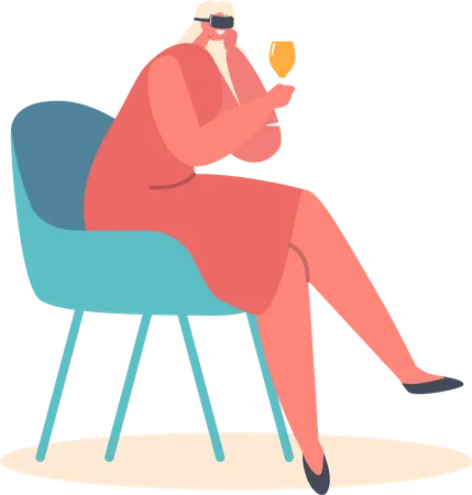 Mujer joven con gafas Vr bebe alcohol sentada en una silla  Ilustración