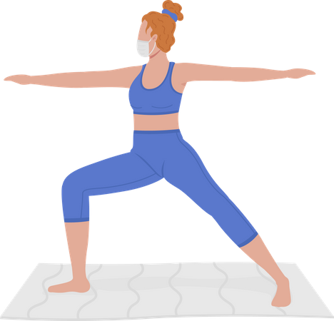 Mujer joven con máscara practicando yoga  Ilustración
