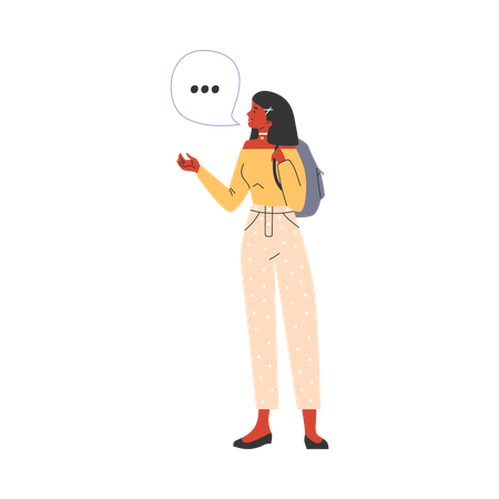 Mujer joven con mochila mientras habla algo  Ilustración