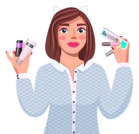 Mujer joven con productos de belleza  Ilustración