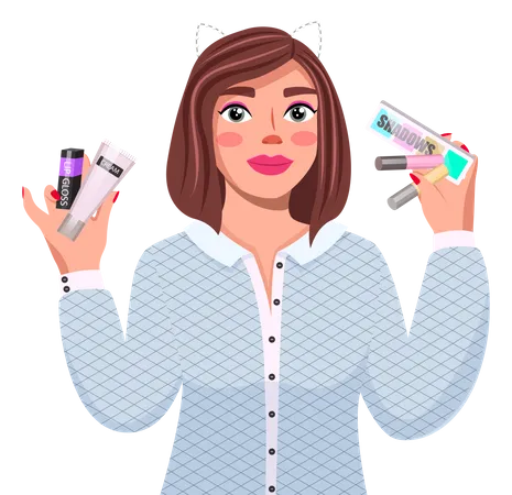 Mujer joven con productos de belleza  Ilustración